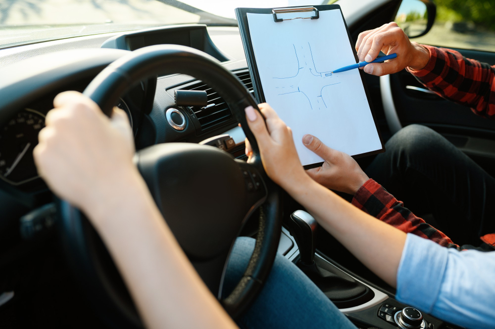 mujer y profesor lista verificacion coche autoescuela hombre ensenando senora conducir vehiculo educacion sobre licencias conducir